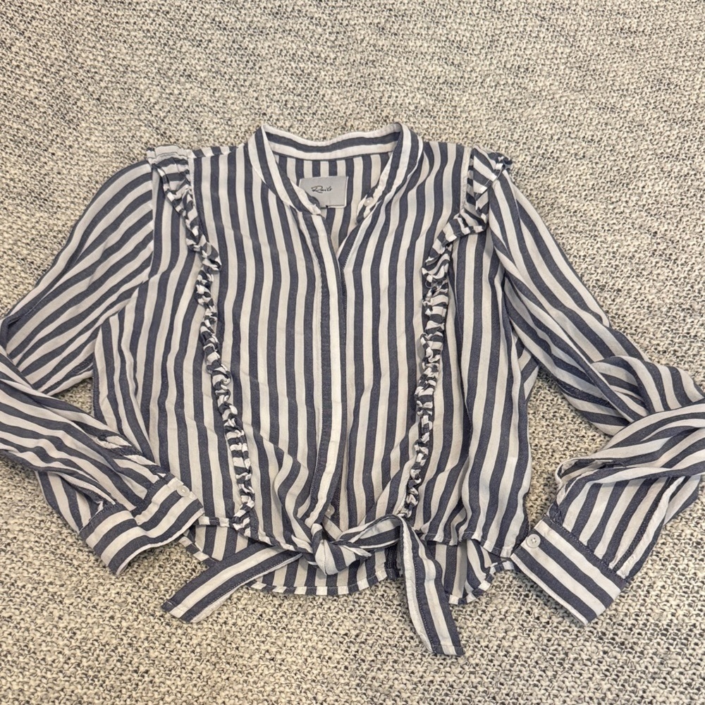 Rails Navy and White Striped Ruffle Tie Blouse